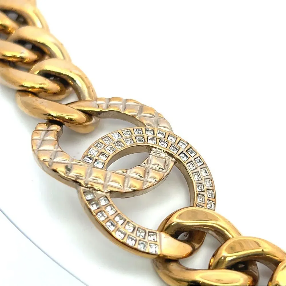 Chanel REV Gold Golden Cuban Link Chain Crystal CC Logo Choker Pendant Necklace